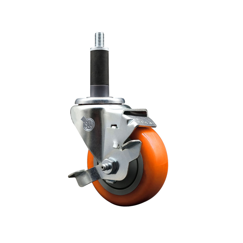 Stainless Steel Polyurethane Expanding Stem Swivel Caster with 3.5 Inch Orange Wheel and 1" Stem & Top Locking Brake - 300 lbs. Capacity Per Caster - Service Caster Brand — photo 1