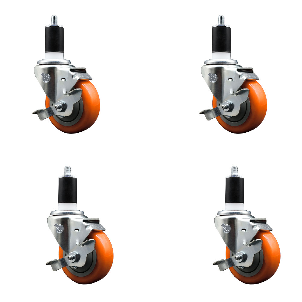 Polyurethane Swivel Expanding Stem Caster Set of 4 with 3.5 Inch Orange Wheels and 1-1/2" Stems - Includes 4 Swivel with Top Locking Brakes - 300 lbs. Capacity Per Caster - Service Caster Brand — photo 1