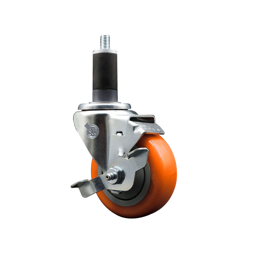 Polyurethane Expanding Stem Swivel Caster with 3.5 Inch Orange Wheel and 1-1/4" Stem & Top Locking Brake - 300 lbs. Capacity Per Caster - Service Caster Brand — photo 1