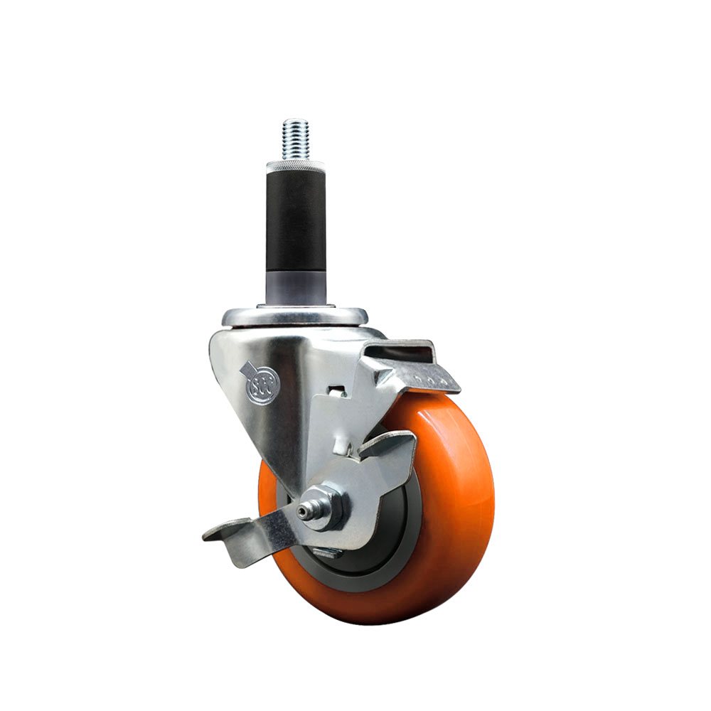 Polyurethane Expanding Stem Swivel Caster with 3.5 Inch Orange Wheel and 1-1/8" Stem & Top Locking Brake - 300 lbs. Capacity Per Caster - Service Caster Brand — photo 1