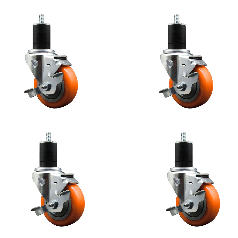 Stainless Steel Polyurethane Swivel Expanding Stem Caster Set of 4 with 3.5 Inch Orange Wheels and 1-3/4" Stems-Include 4 Swivel with Top Locking Brake-300lbs. Capacity Per Caster-Service Caster Brand — photo 1