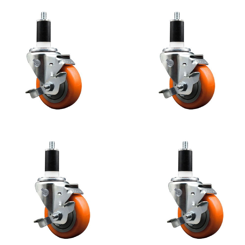 Polyurethane Swivel Expanding Stem Caster Set of 4 with 3.5 Inch Orange Wheels and 1-3/8" Stems - Includes 4 Swivel with Top Locking Brakes - 300 lbs. Capacity Per Caster - Service Caster Brand — photo 1