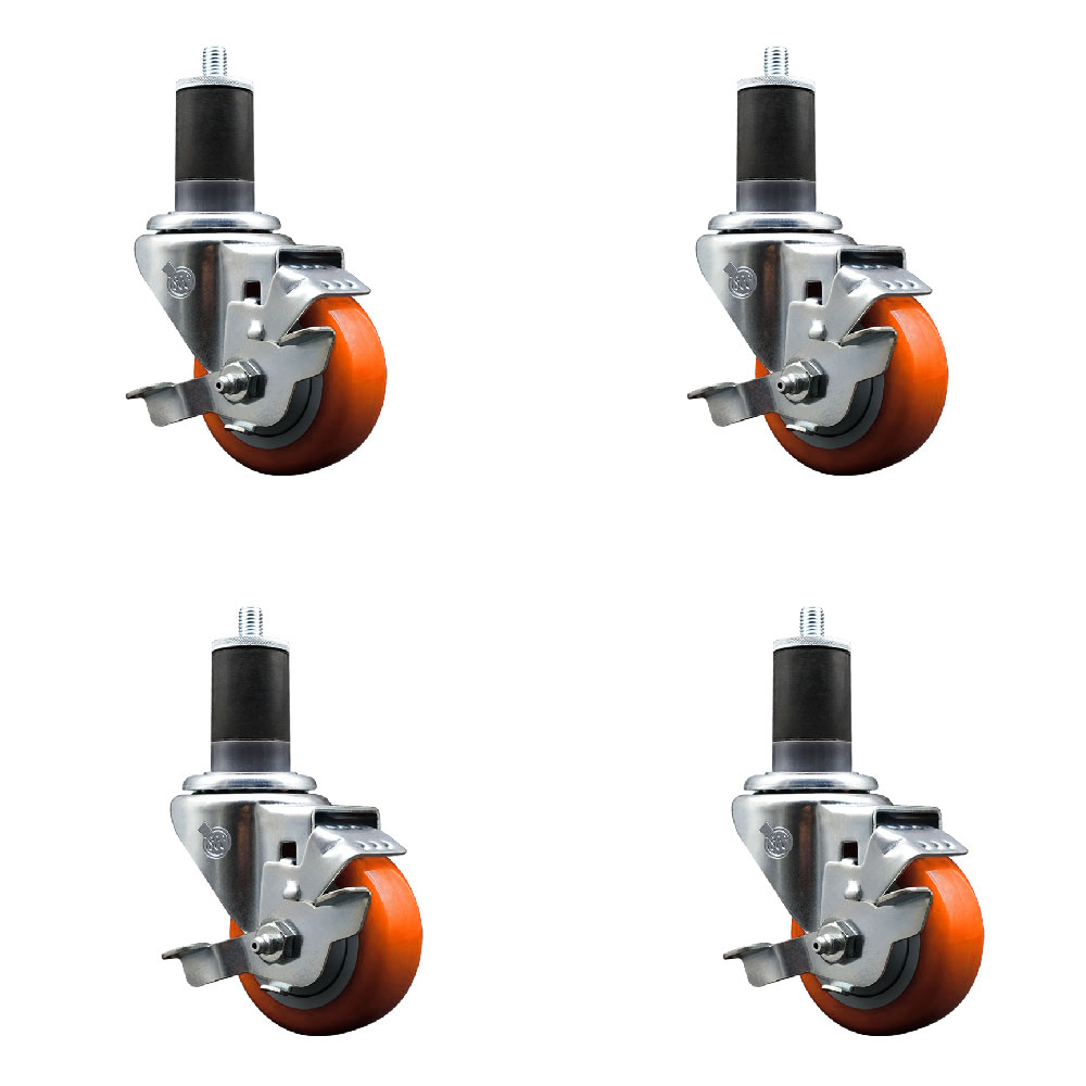 Polyurethane Swivel Stem Caster Set of 4 with 3.5 Inch Orange Caster Wheels - 1-5/8" Expanding Stems - 316 Stainless Steel Casters - Includes 4 Swivel Casters with Top Lock Brakes-Service Caster Brand — photo 1
