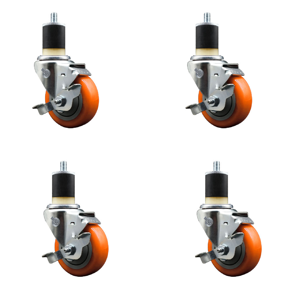 Polyurethane Swivel Expanding Stem Caster Set of 4 with 3.5 Inch Orange Wheels and 1-7/8" Stems - Includes 4 Swivel with Top Locking Brakes - 300 lbs. Capacity Per Caster - Service Caster Brand — photo 1