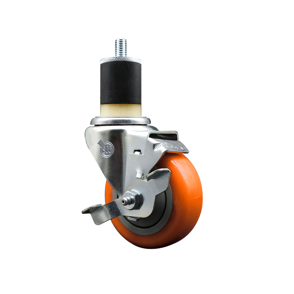 Stainless Steel Polyurethane Expanding Stem Swivel Caster with 3.5 Inch Orange Wheel and 1-7/8" Stem & Top Locking Brake - 300 lbs. Capacity Per Caster - Service Caster Brand — photo 1
