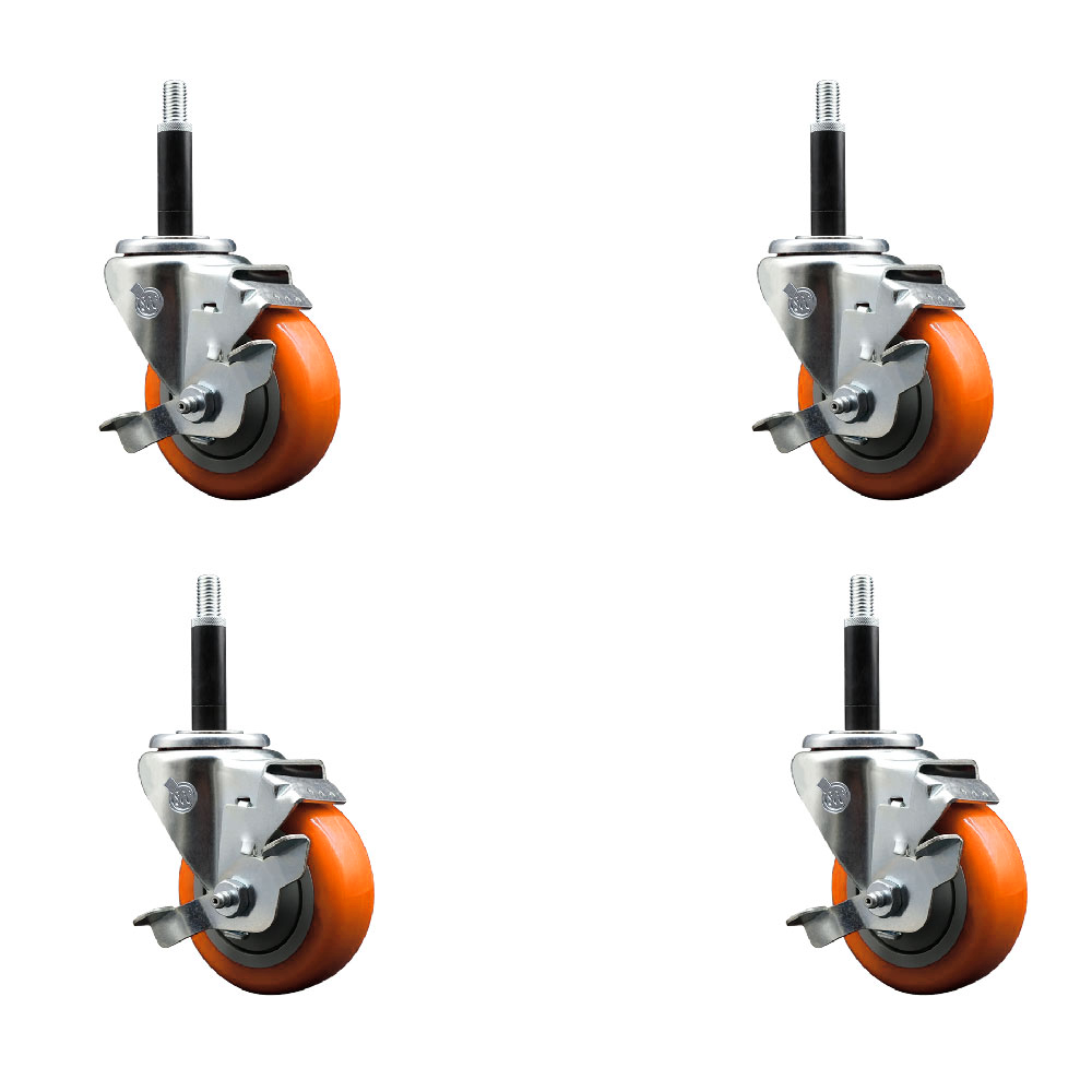 Stainless Steel Polyurethane Swivel Expanding Stem Caster Set of 4 with 3.5 Inch Orange Wheels and 3/4" Stems-Includes 4 Swivel with Top Locking Brakes-300lbs. Capacity Per Caster-Service Caster Brand — photo 1