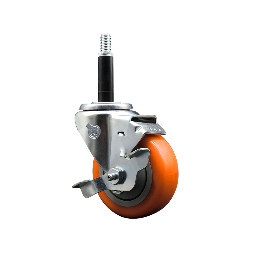 Polyurethane Expanding Stem Swivel Caster with 3.5 Inch Orange Wheel and 3/4" Stem & Top Locking Brake - 300 lbs. Capacity Per Caster - Service Caster Brand — photo 1