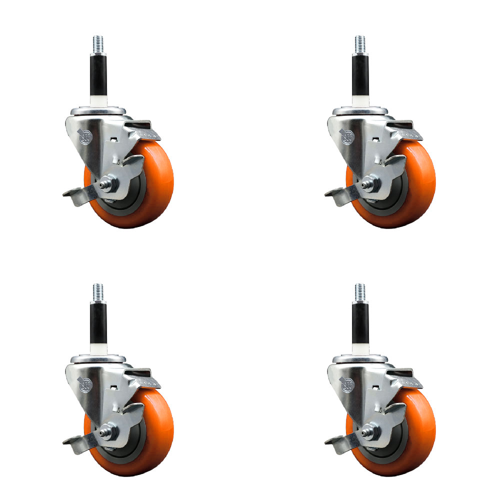 Polyurethane Swivel Expanding Stem Caster Set of 4 with 3.5 Inch Orange Wheels and 7/8" Stems - Includes 4 Swivel with Top Locking Brakes - 300 lbs. Capacity Per Caster - Service Caster Brand — photo 1