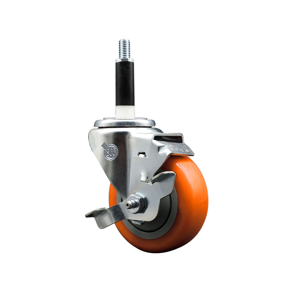 Polyurethane Expanding Stem Swivel Caster with 3.5 Inch Orange Wheel and 7/8" Stem & Top Locking Brake - 300 lbs. Capacity Per Caster - Service Caster Brand — photo 1