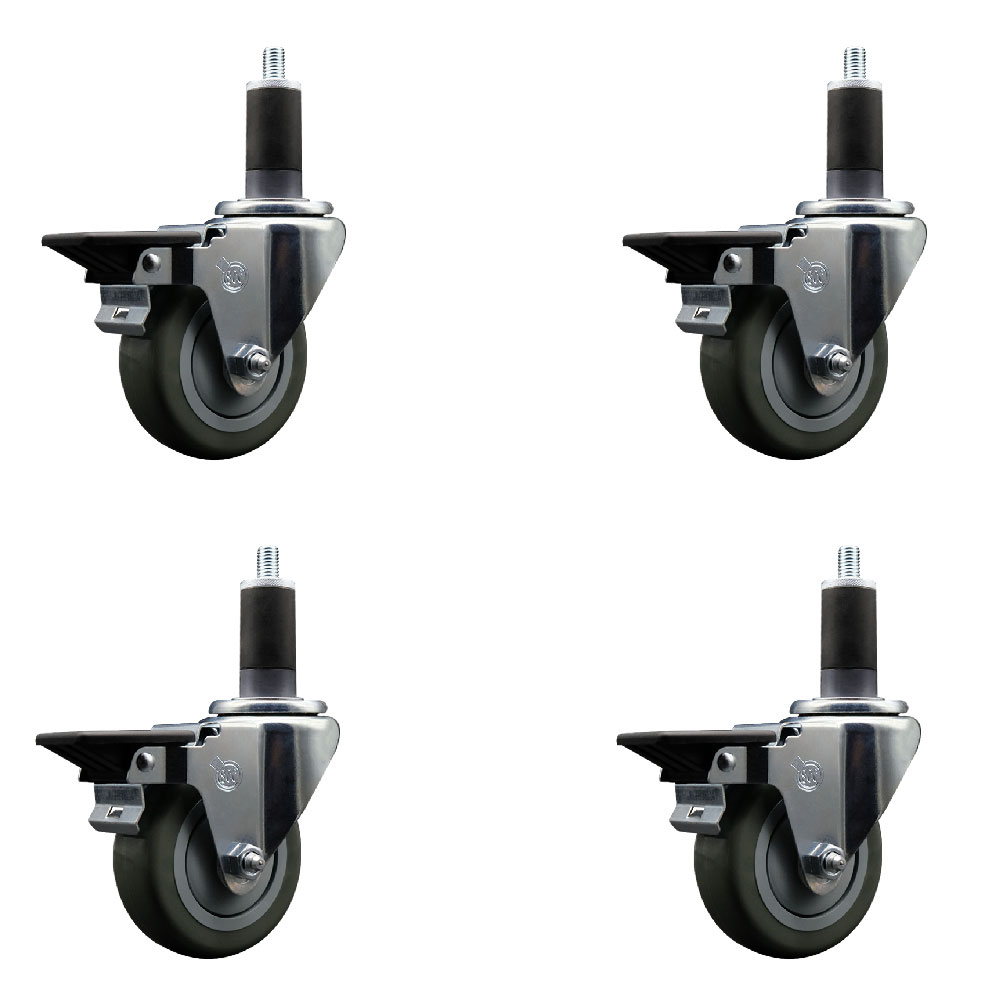 Polyurethane Swivel Expanding Stem Caster Set of 4 with 3.5 Inch Gray Wheels and 1-1/4" Stems - Includes 4 Swivel with Posi Locking Brakes - 300 lbs. Capacity Per Caster - Service Caster Brand — photo 1