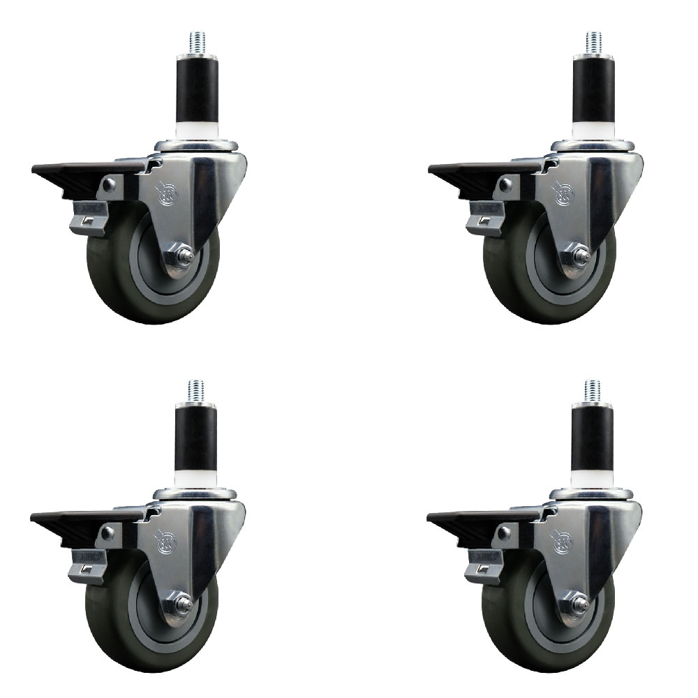 Polyurethane Swivel Expanding Stem Caster Set of 4 with 3.5 Inch Gray Wheels and 1-3/8" Stems - Includes 4 Swivel with Posi Locking Brakes - 300 lbs. Capacity Per Caster - Service Caster Brand — photo 1
