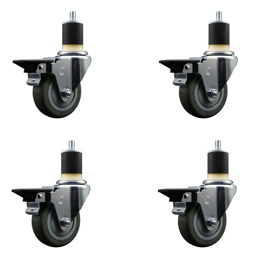 Polyurethane Swivel Expanding Stem Caster Set of 4 with 3.5 Inch Gray Wheels and 1-7/8" Stems - Includes 4 Swivel with Posi Locking Brakes - 300 lbs. Capacity Per Caster - Service Caster Brand — photo 1