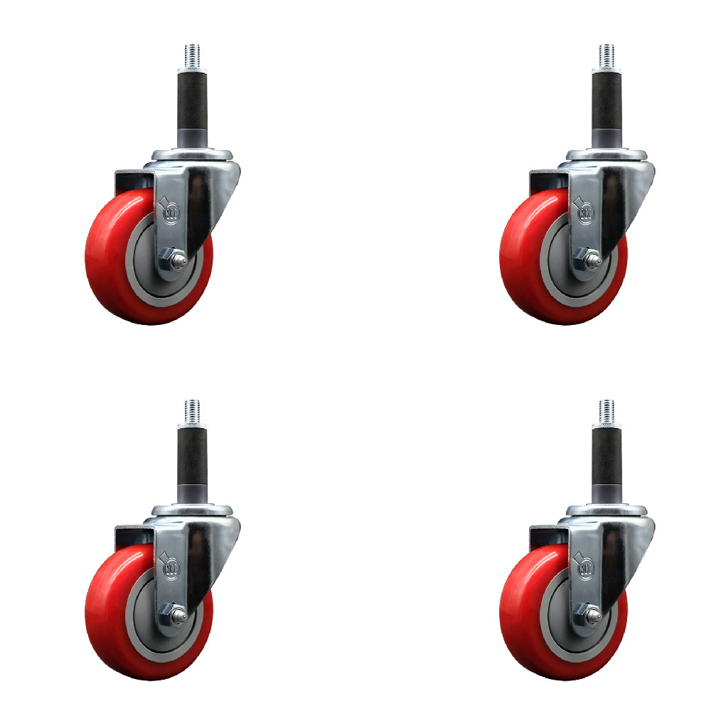 Stainless Steel Polyurethane Swivel Expanding Stem Caster Set of 4 with 3.5 Inch Red Wheels and 1" Stems - Includes 4 Swivel - 300 lbs. Capacity Per Caster - Service Caster Brand — photo 1