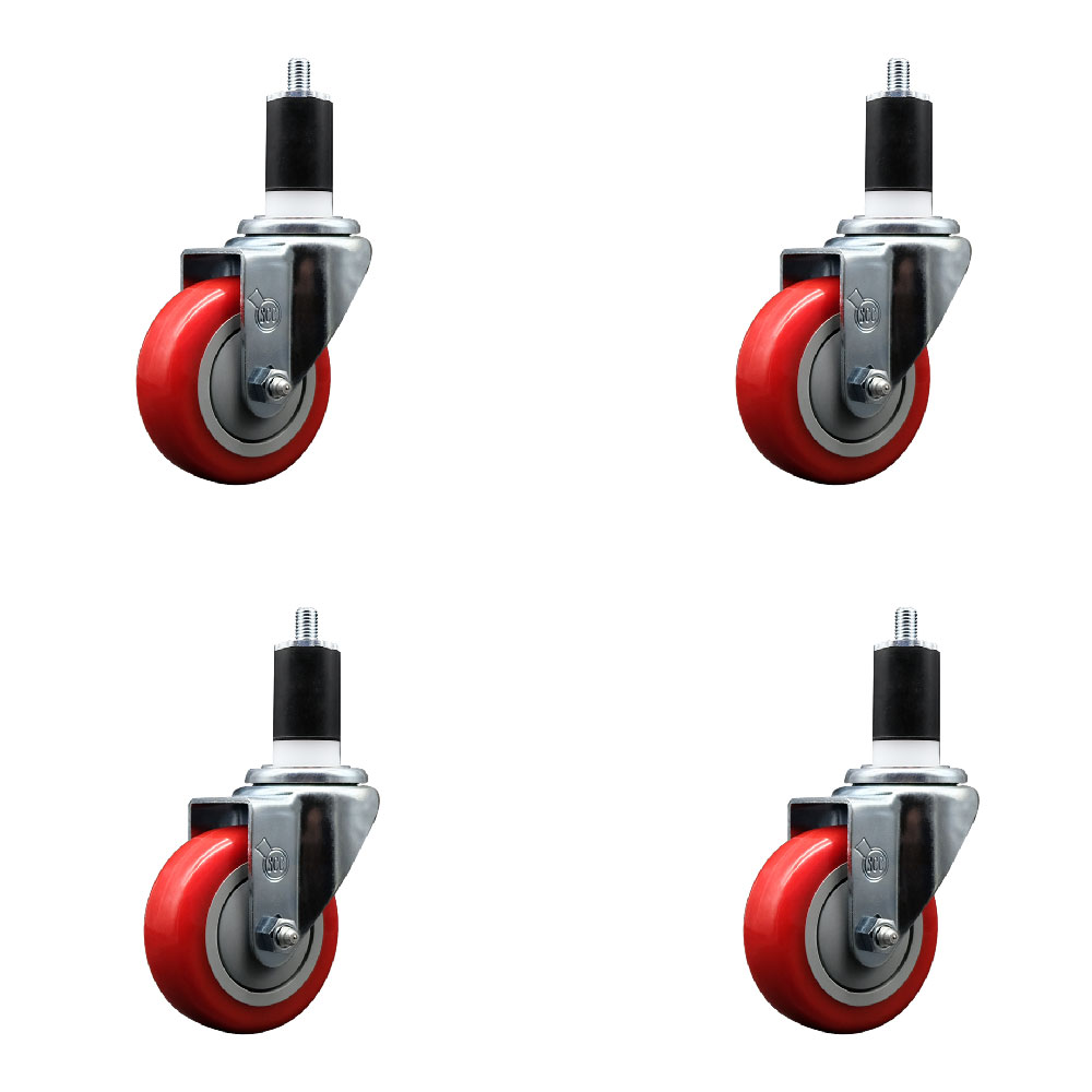 Stainless Steel Polyurethane Swivel Expanding Stem Caster Set of 4 with 3.5 Inch Red Wheels and 1-1/2" Stems - Includes 4 Swivel - 300 lbs. Capacity Per Caster - Service Caster Brand — photo 1