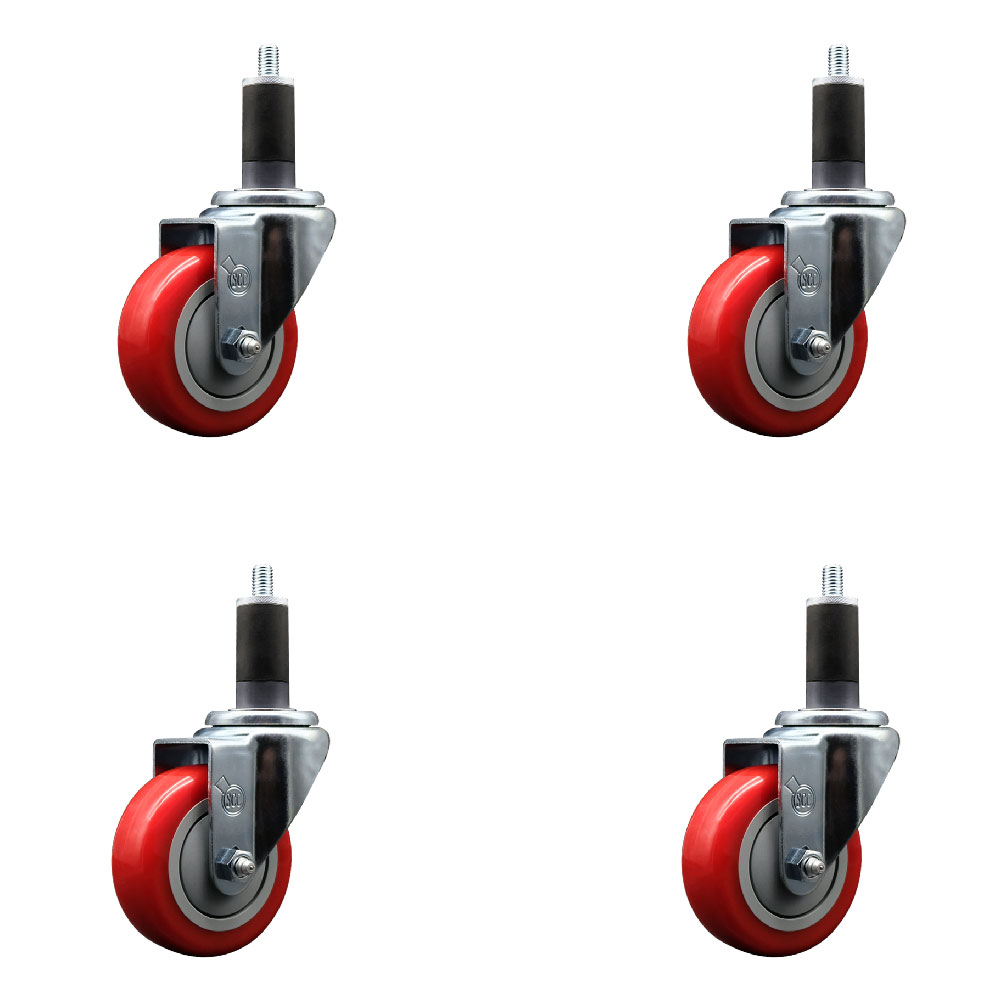 Polyurethane Swivel Expanding Stem Caster Set of 4 with 3.5 Inch Red Wheels and 1-1/4" Stems - 300 lbs. Capacity Per Caster - Service Caster Brand — photo 1