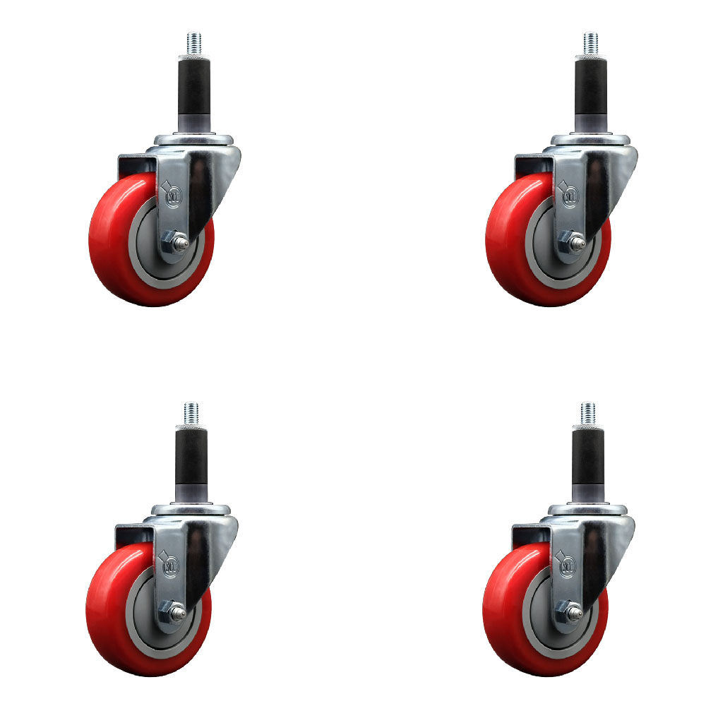 Stainless Steel Polyurethane Swivel Expanding Stem Caster Set of 4 with 3.5 Inch Red Wheels and 1-1/8" Stems - Includes 4 Swivel - 300 lbs. Capacity Per Caster - Service Caster Brand — photo 1