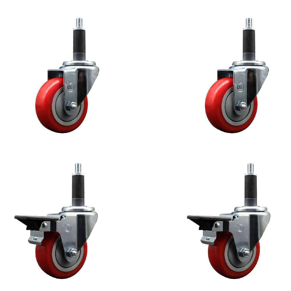 Polyurethane Swivel Expanding Stem Caster Set of 4 with 3.5 Inch Red Wheels and 1" Stems - Includes 2 with Posi Locking Brakes - 1200 lbs Total Capacity - Service Caster Brand — photo 1