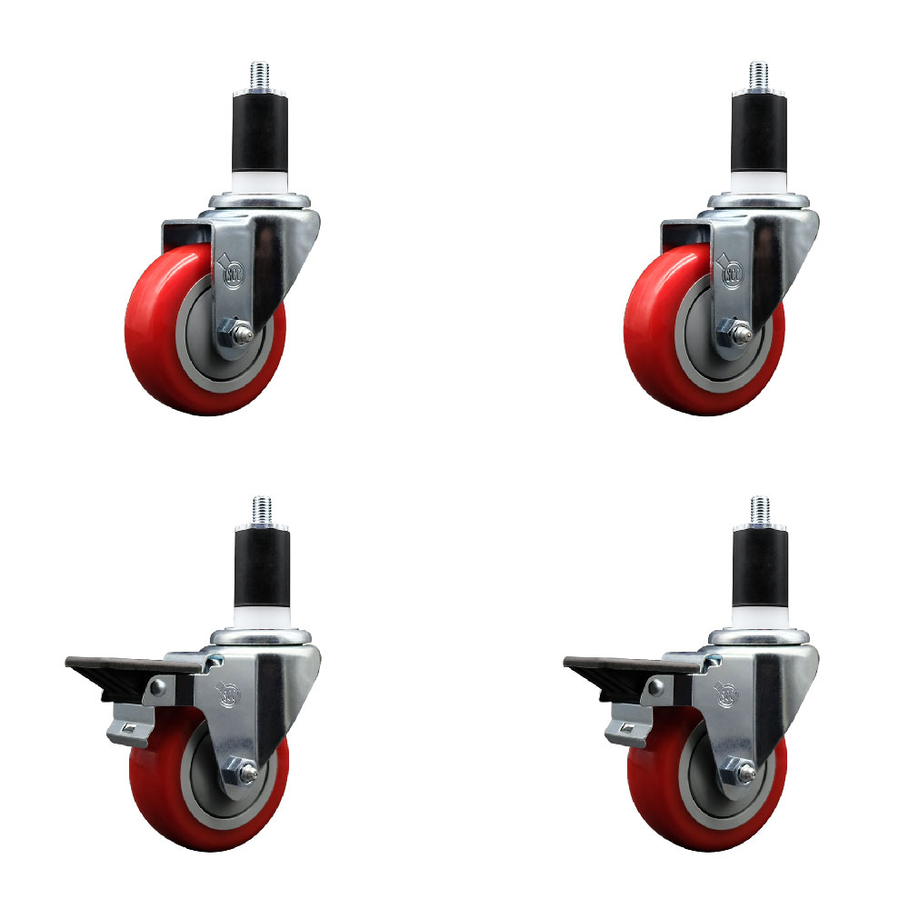 Polyurethane Swivel Expanding Stem Caster Set of 4 with 3.5 Inch Red Wheels and 1-1/2" Stems - Includes 2 with Posi Locking Brakes - 1200 lbs Total Capacity - Service Caster Brand — photo 1