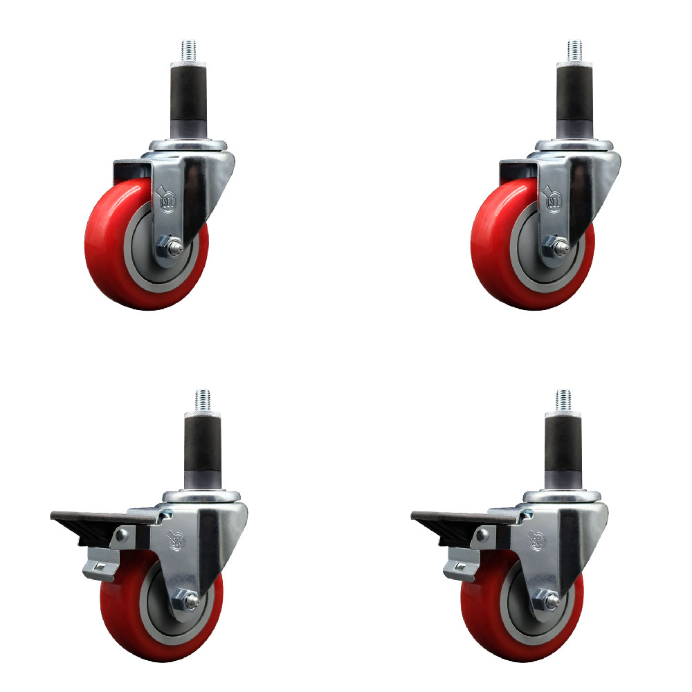 Polyurethane Swivel Expanding Stem Caster Set of 4 with 3.5 Inch Red Wheels and 1-1/4" Stems - Includes 2 with Posi Locking Brakes - 1200 lbs Total Capacity - Service Caster Brand — photo 1