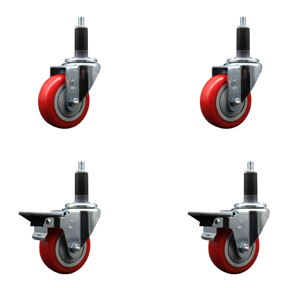 Polyurethane Swivel Expanding Stem Caster Set of 4 with 3.5 Inch Red Wheels and 1-1/8" Stems - Includes 2 with Posi Locking Brakes - 1200 lbs Total Capacity - Service Caster Brand — photo 1