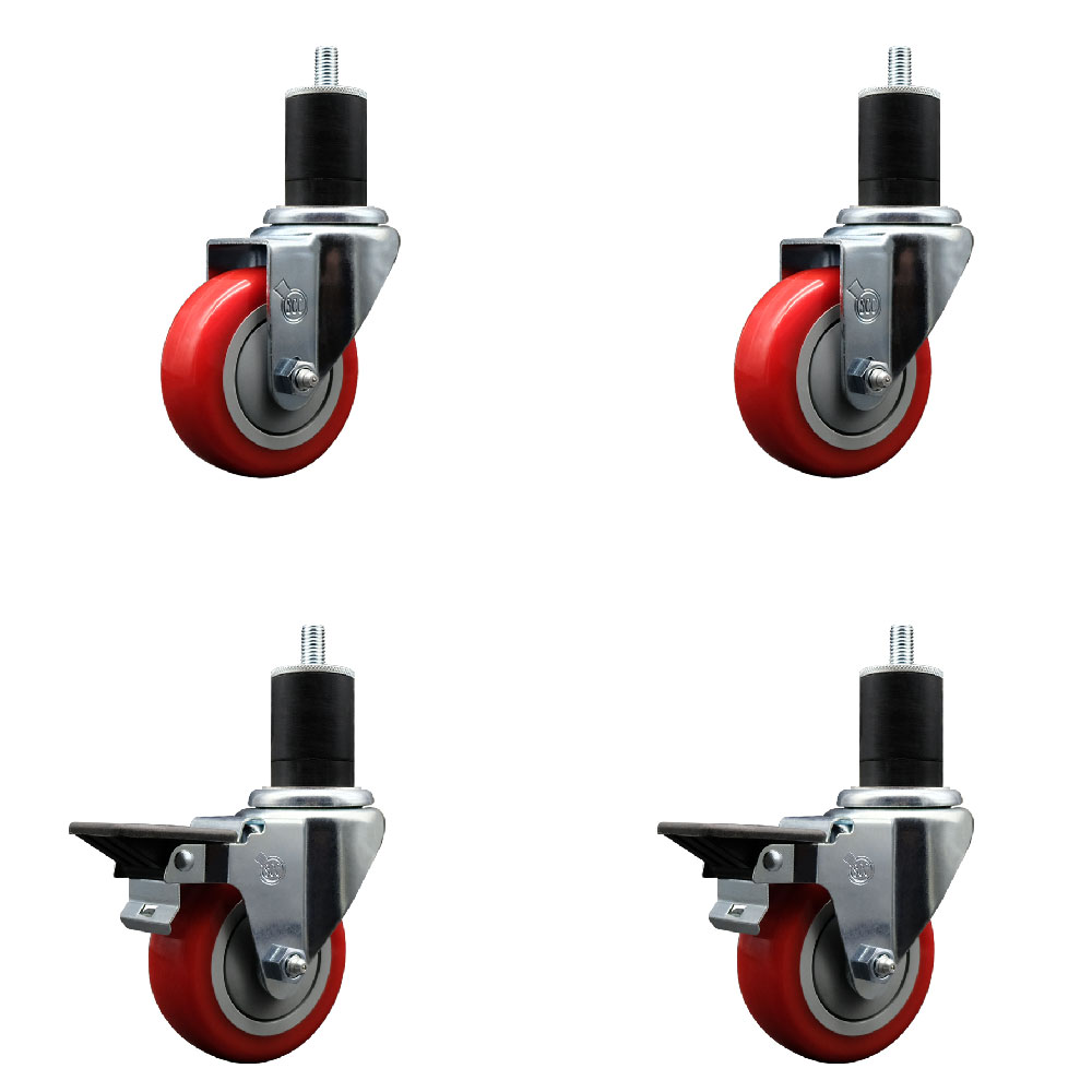 Polyurethane Swivel Expanding Stem Caster Set of 4 with 3.5 Inch Red Wheels and 1-3/4" Stems - Includes 2 with Posi Locking Brakes - 1200 lbs Total Capacity - Service Caster Brand — photo 1