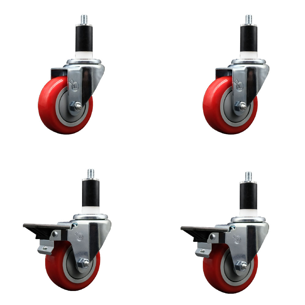 Polyurethane Swivel Expanding Stem Caster Set of 4 with 3.5 Inch Red Wheels and 1-3/8" Stems - Includes 2 with Posi Locking Brakes - 1200 lbs Total Capacity - Service Caster Brand — photo 1