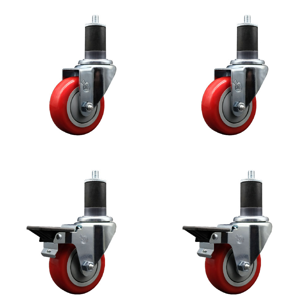 Polyurethane Swivel Expanding Stem Caster Set of 4 with 3.5 Inch Red Wheels and 1-5/8" Stems - Includes 2 with Posi Locking Brakes - 1200 lbs Total Capacity - Service Caster Brand — photo 1