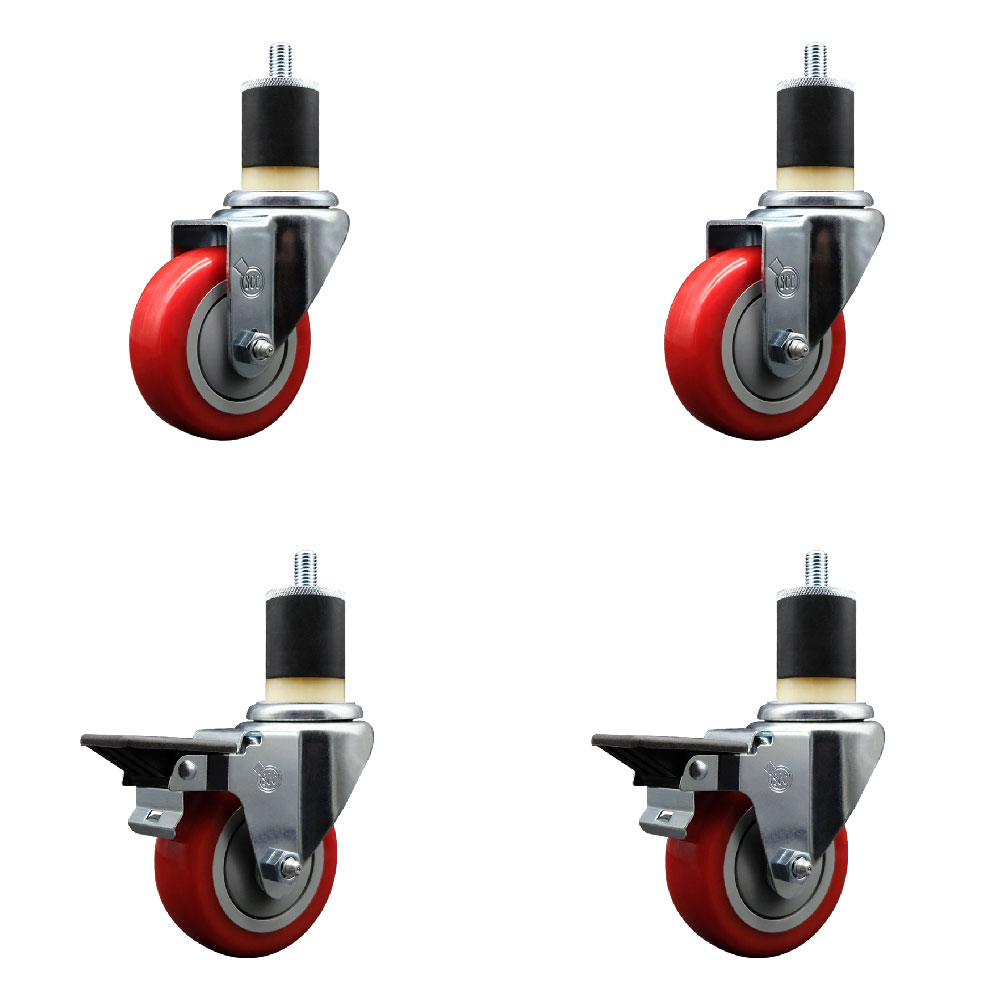 Polyurethane Swivel Expanding Stem Caster Set of 4 with 3.5 Inch Red Wheels and 1-7/8" Stems - Includes 2 with Posi Locking Brakes - 1200 lbs Total Capacity - Service Caster Brand — photo 1