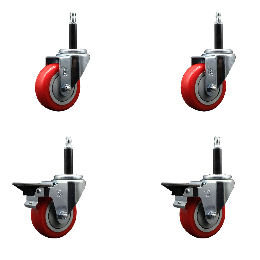 Polyurethane Swivel Expanding Stem Caster Set of 4 with 3.5 Inch Red Wheels and 3/4" Stems - Includes 2 with Posi Locking Brakes - 1200 lbs Total Capacity - Service Caster Brand — photo 1