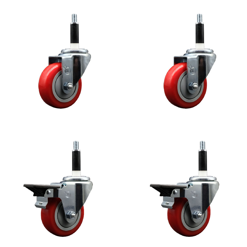 Polyurethane Swivel Expanding Stem Caster Set of 4 with 3.5 Inch Red Wheels and 7/8" Stems - Includes 2 with Posi Locking Brakes - 1200 lbs Total Capacity - Service Caster Brand — photo 1