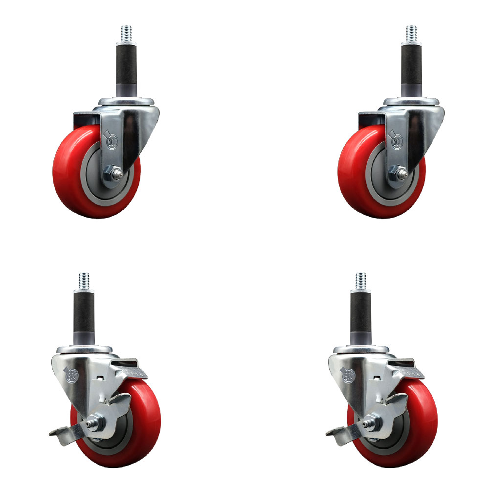 Stainless Steel Polyurethane Swivel Expanding Stem Caster Set of 4 with 3.5 Inch Red Wheels and 1" Stems - Includes 2 with Top Locking Brakes - 1200 lbs Total Capacity - Service Caster Brand — photo 1