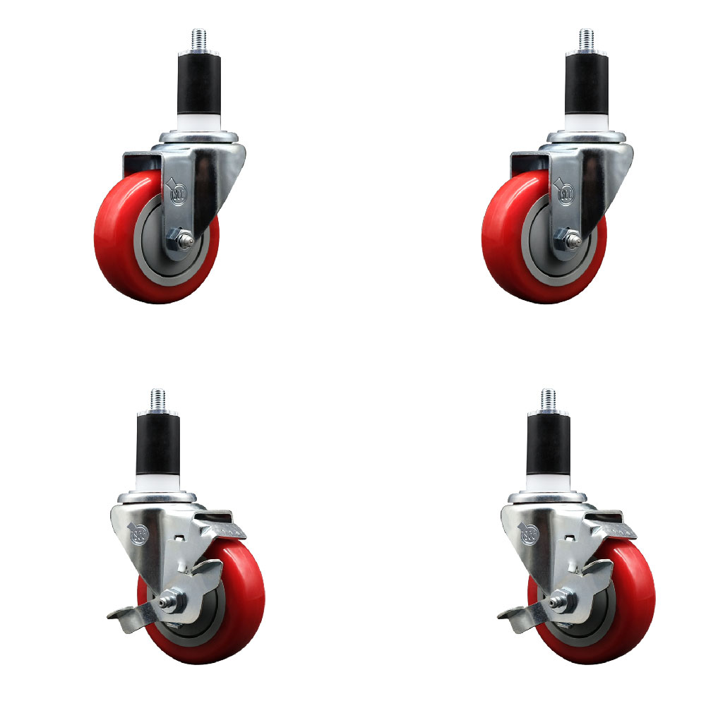 Stainless Steel Polyurethane Swivel Expanding Stem Caster Set of 4 with 3.5 Inch Red Wheels and 1-1/2" Stems - Includes 2 with Top Locking Brakes - 1200 lbs Total Capacity - Service Caster Brand — photo 1