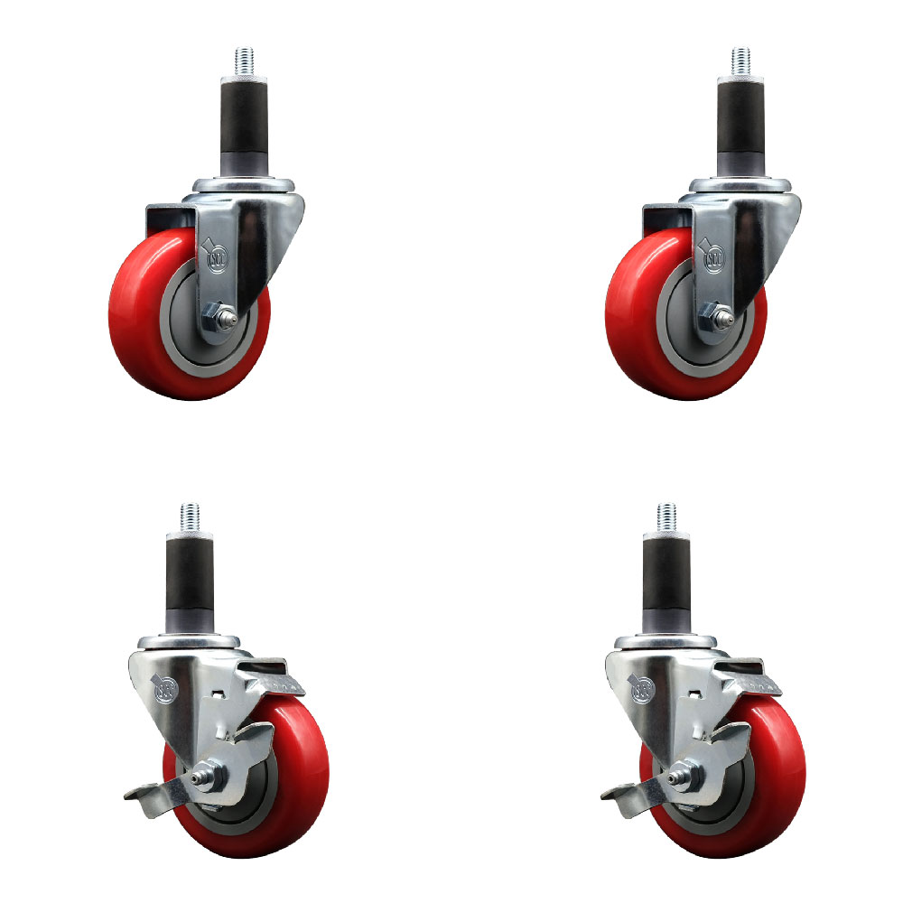 Stainless Steel Polyurethane Swivel Expanding Stem Caster Set of 4 with 3.5 Inch Red Wheels and 1-1/4" Stems - Includes 2 with Top Locking Brakes - 1200 lbs Total Capacity - Service Caster Brand — photo 1