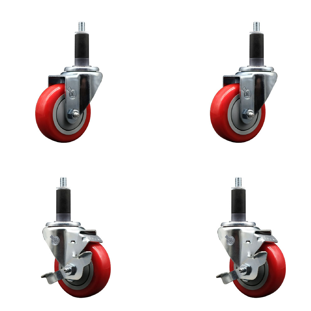Stainless Steel Polyurethane Swivel Expanding Stem Caster Set of 4 with 3.5 Inch Red Wheels and 1-1/8" Stems - Includes 2 with Top Locking Brakes - 1200 lbs Total Capacity - Service Caster Brand — photo 1