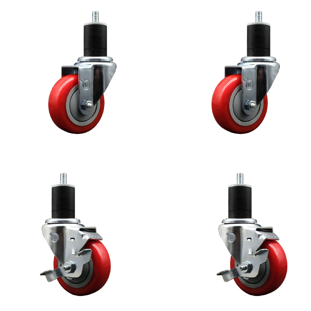 Stainless Steel Polyurethane Swivel Expanding Stem Caster Set of 4 with 3.5 Inch Red Wheels and 1-3/4" Stems - Includes 2 with Top Locking Brakes - 1200 lbs Total Capacity - Service Caster Brand — photo 1