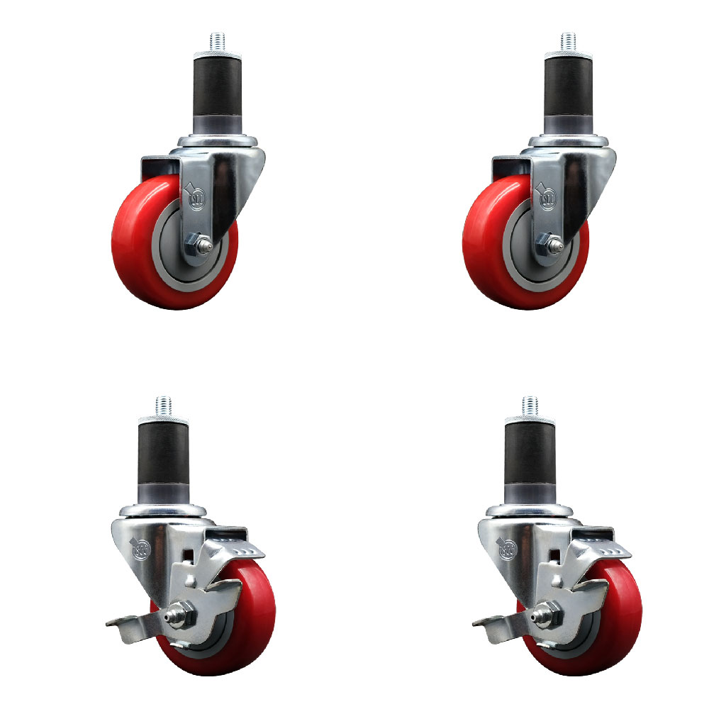 Stainless Steel Polyurethane Swivel Expanding Stem Caster Set of 4 with 3.5 Inch Red Wheels and 1-5/8" Stems - Includes 2 with Top Locking Brakes - 1200 lbs Total Capacity - Service Caster Brand — photo 1
