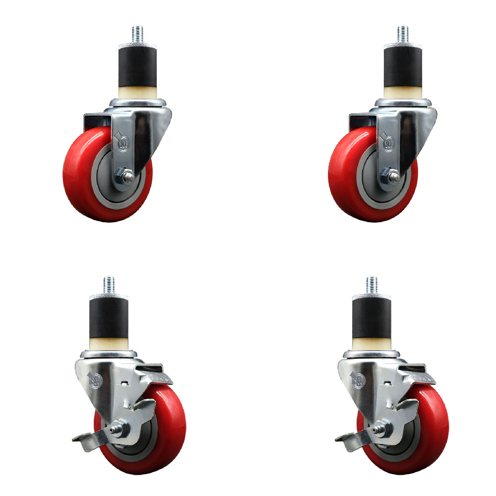 Stainless Steel Polyurethane Swivel Expanding Stem Caster Set of 4 with 3.5 Inch Red Wheels and 1-7/8" Stems - Includes 2 with Top Locking Brakes - 1200 lbs Total Capacity - Service Caster Brand — photo 1