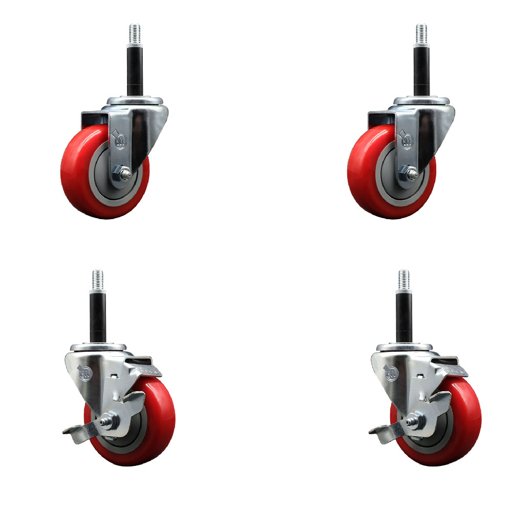Stainless Steel Polyurethane Swivel Expanding Stem Caster Set of 4 with 3.5 Inch Red Wheels and 3/4" Stems - Includes 2 with Top Locking Brakes - 1200 lbs Total Capacity - Service Caster Brand — photo 1