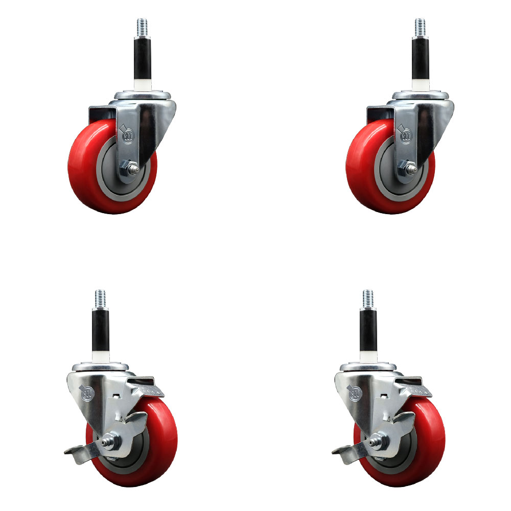 Stainless Steel Polyurethane Swivel Expanding Stem Caster Set of 4 with 3.5 Inch Red Wheels and 7/8" Stems - Includes 2 with Top Locking Brakes - 1200 lbs Total Capacity - Service Caster Brand — photo 1