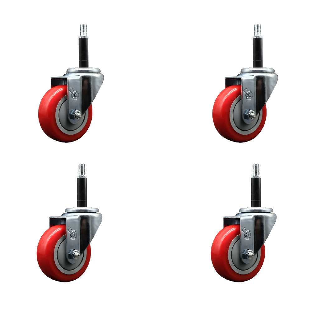 Polyurethane Swivel Expanding Stem Caster Set of 4 with 3.5 Inch Red Wheels and 3/4" Stems - 300 lbs. Capacity Per Caster - Service Caster Brand — photo 1
