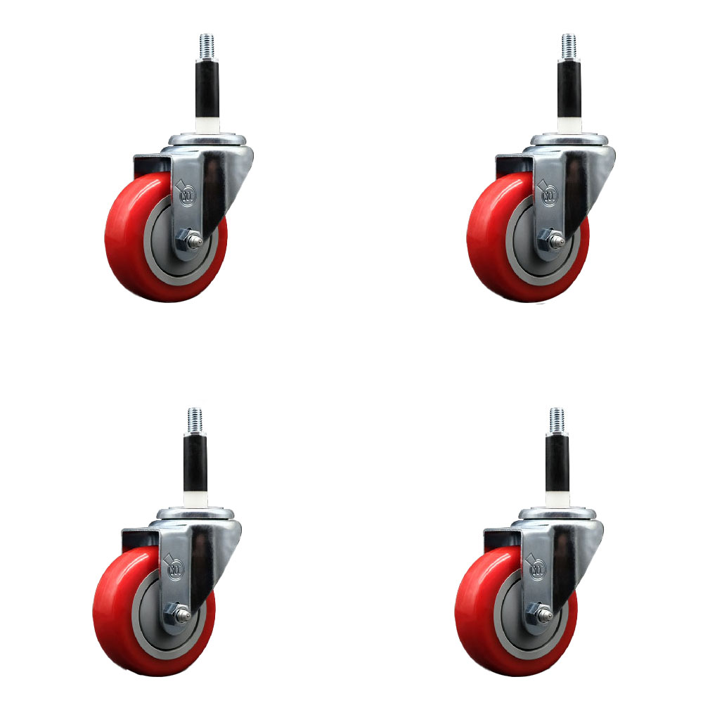 Stainless Steel Polyurethane Swivel Expanding Stem Caster Set of 4 with 3.5 Inch Red Wheels and 7/8" Stems - Includes 4 Swivel - 300 lbs. Capacity Per Caster - Service Caster Brand — photo 1