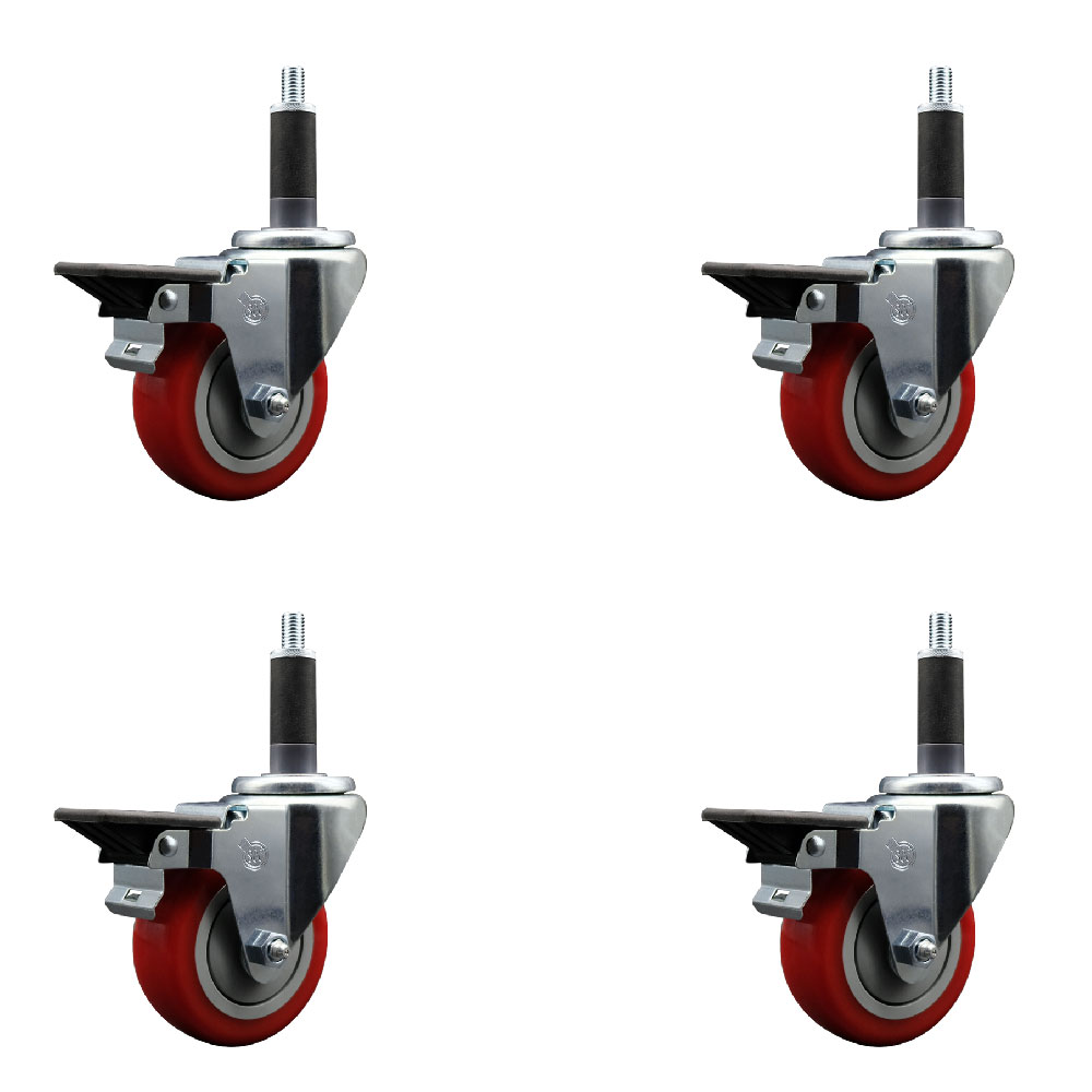 Polyurethane Swivel Expanding Stem Caster Set of 4 with 3.5 Inch Red Wheels and 1" Stems - Includes 4 Swivel with Posi Locking Brakes - 300 lbs. Capacity Per Caster - Service Caster Brand — photo 1