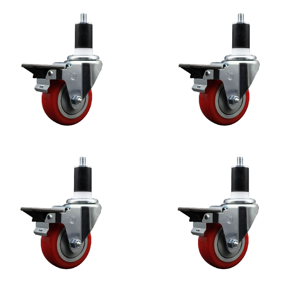 Polyurethane Swivel Expanding Stem Caster Set of 4 with 3.5 Inch Red Wheels and 1-1/2" Stems - Includes 4 Swivel with Posi Locking Brakes - 300 lbs. Capacity Per Caster - Service Caster Brand — photo 1