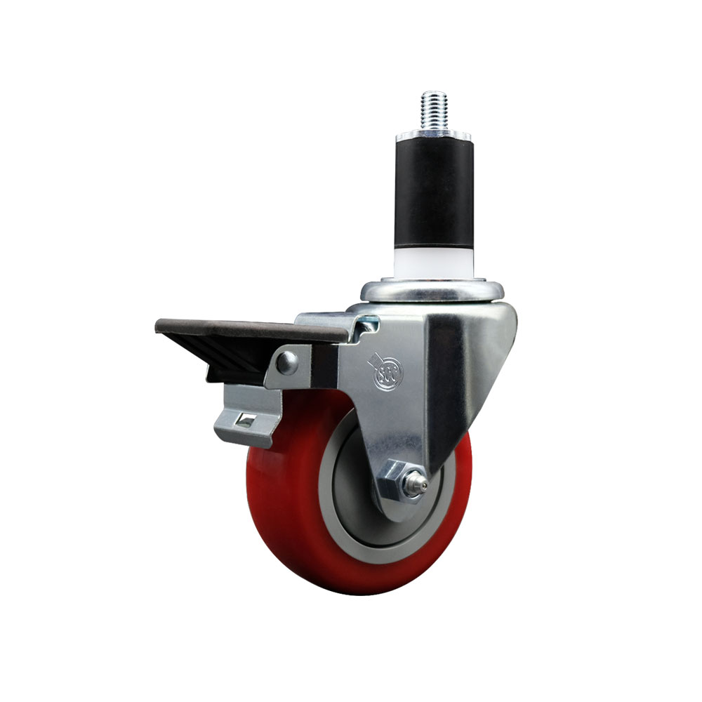 Polyurethane Expanding Stem Swivel Caster with 3.5 Inch Red Wheel and 1-1/2" Stem & Posi Locking Brake - 300 lbs. Capacity Per Caster - Service Caster Brand — photo 1
