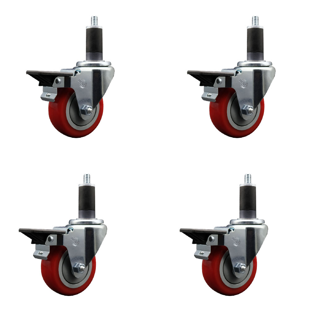 Polyurethane Swivel Expanding Stem Caster Set of 4 with 3.5 Inch Red Wheels and 1-1/4" Stems - Includes 4 Swivel with Posi Locking Brakes - 300 lbs. Capacity Per Caster - Service Caster Brand — photo 1