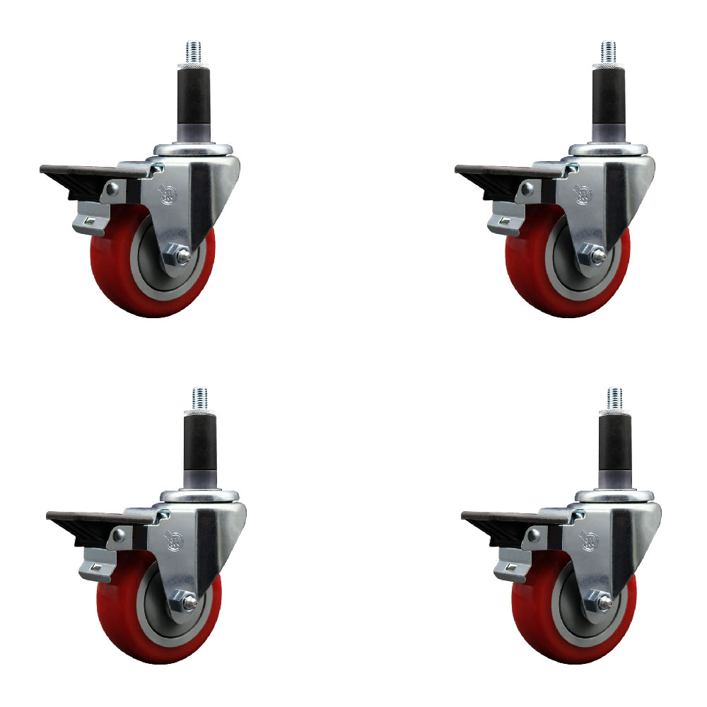 Polyurethane Swivel Expanding Stem Caster Set of 4 with 3.5 Inch Red Wheels and 1-1/8" Stems - Includes 4 Swivel with Posi Locking Brakes - 300 lbs. Capacity Per Caster - Service Caster Brand — photo 1