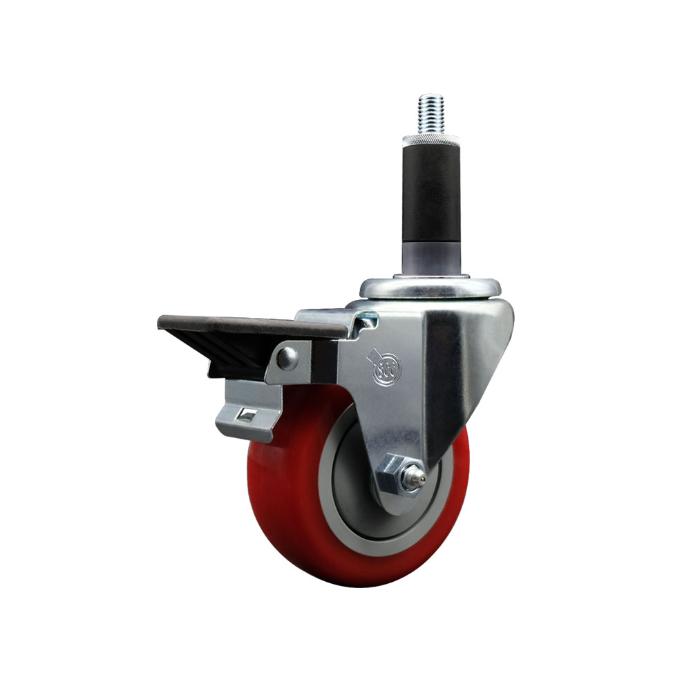 Polyurethane Expanding Stem Swivel Caster with 3.5 Inch Red Wheel and 1-1/8" Stem & Posi Locking Brake - 300 lbs. Capacity Per Caster - Service Caster Brand — photo 1