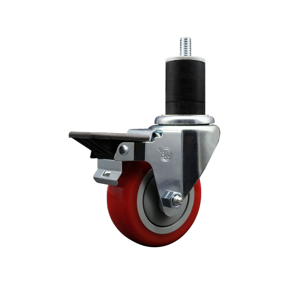Polyurethane Expanding Stem Swivel Caster with 3.5 Inch Red Wheel and 1-3/4" Stem & Posi Locking Brake - 300 lbs. Capacity Per Caster - Service Caster Brand — photo 1