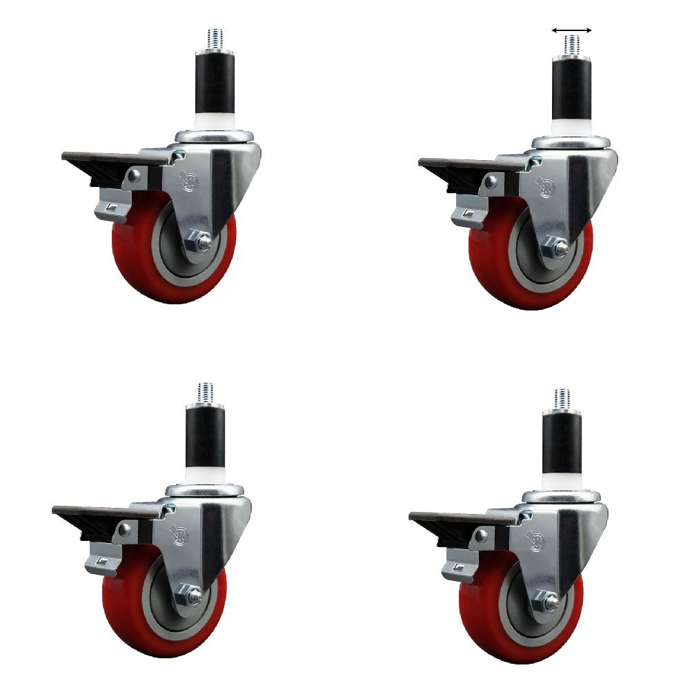 Polyurethane Swivel Expanding Stem Caster Set of 4 with 3.5 Inch Red Wheels and 1-3/8" Stems - Includes 4 Swivel with Posi Locking Brakes - 300 lbs. Capacity Per Caster - Service Caster Brand — photo 1