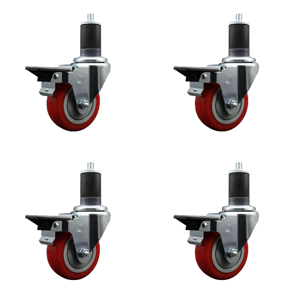 Polyurethane Swivel Expanding Stem Caster Set of 4 with 3.5 Inch Red Wheels and 1-5/8" Stems - Includes 4 Swivel with Posi Locking Brakes - 300 lbs. Capacity Per Caster - Service Caster Brand — photo 1